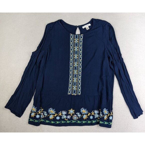 John Paul Richard Women's Top Size Large Blue Embroidered Peasant Boho Cut-Outs - Picture 1 of 14